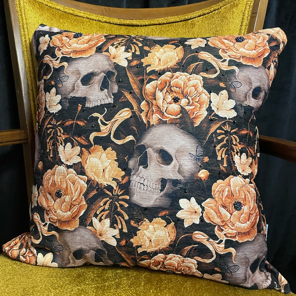 SECRET CELEBRITY EUC Skull and Floral Decorative Accent Pillow